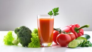 野菜と一緒に盛り付けられたトマトジュース