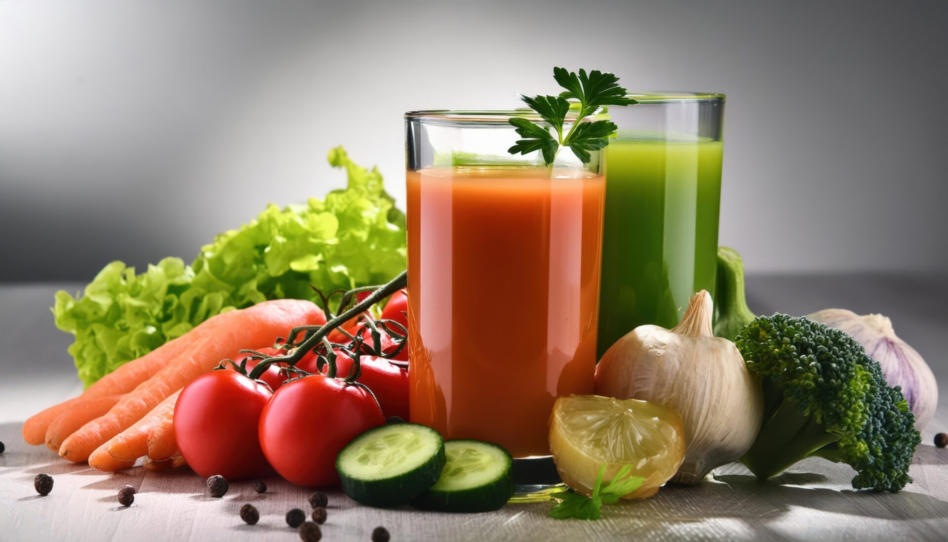 色とりどりの野菜ジュースと野菜