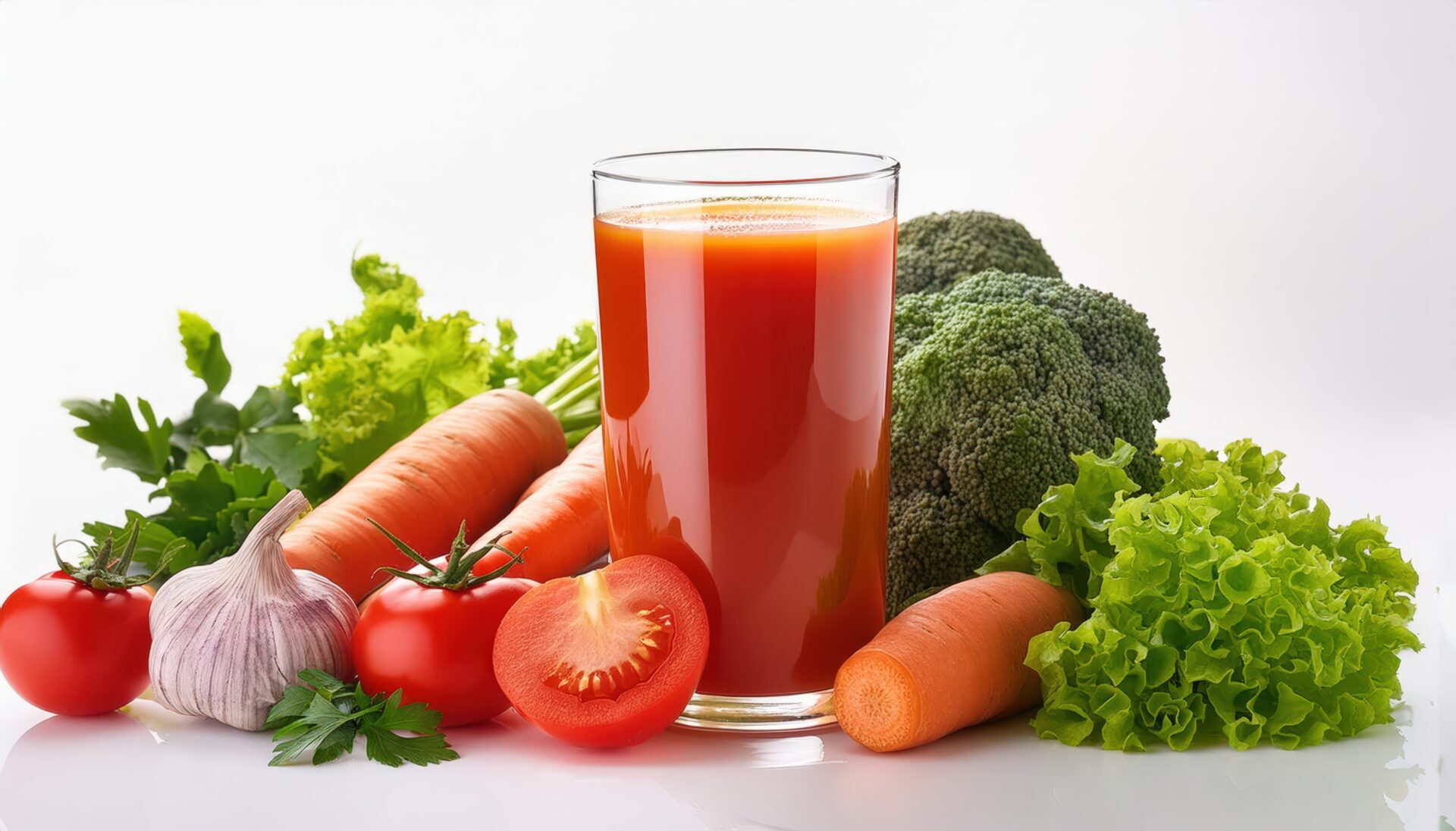 白背景で彩り豊かな野菜とトマトジュース