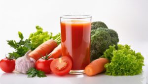 白背景で彩り豊かな野菜とトマトジュース