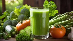 木目背景で野菜を添えたグリーンジュース