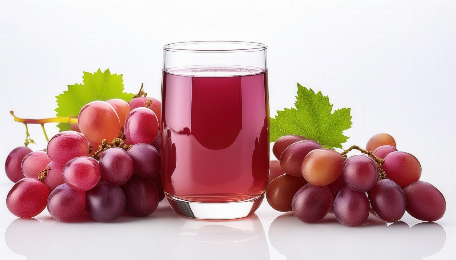 白背景でブドウを添えたグレープジュース