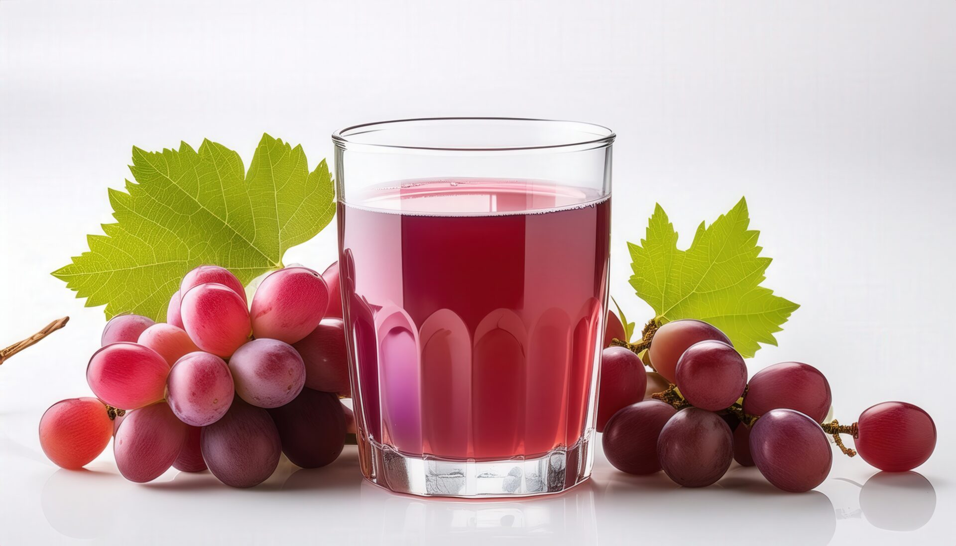 白背景で透明グラスに注がれたグレープジュース