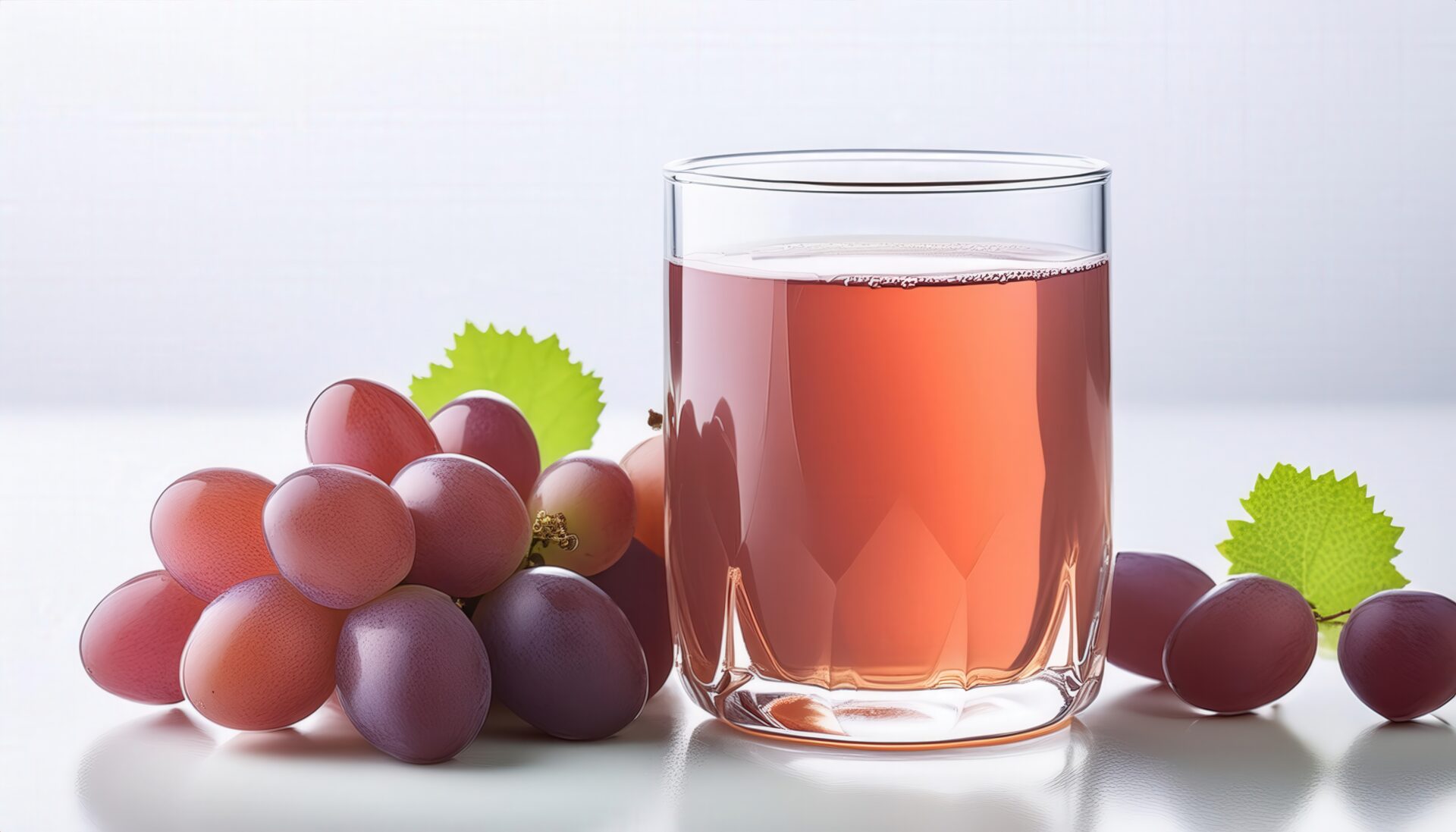 白背景で淡い赤色のグレープジュースとブドウ