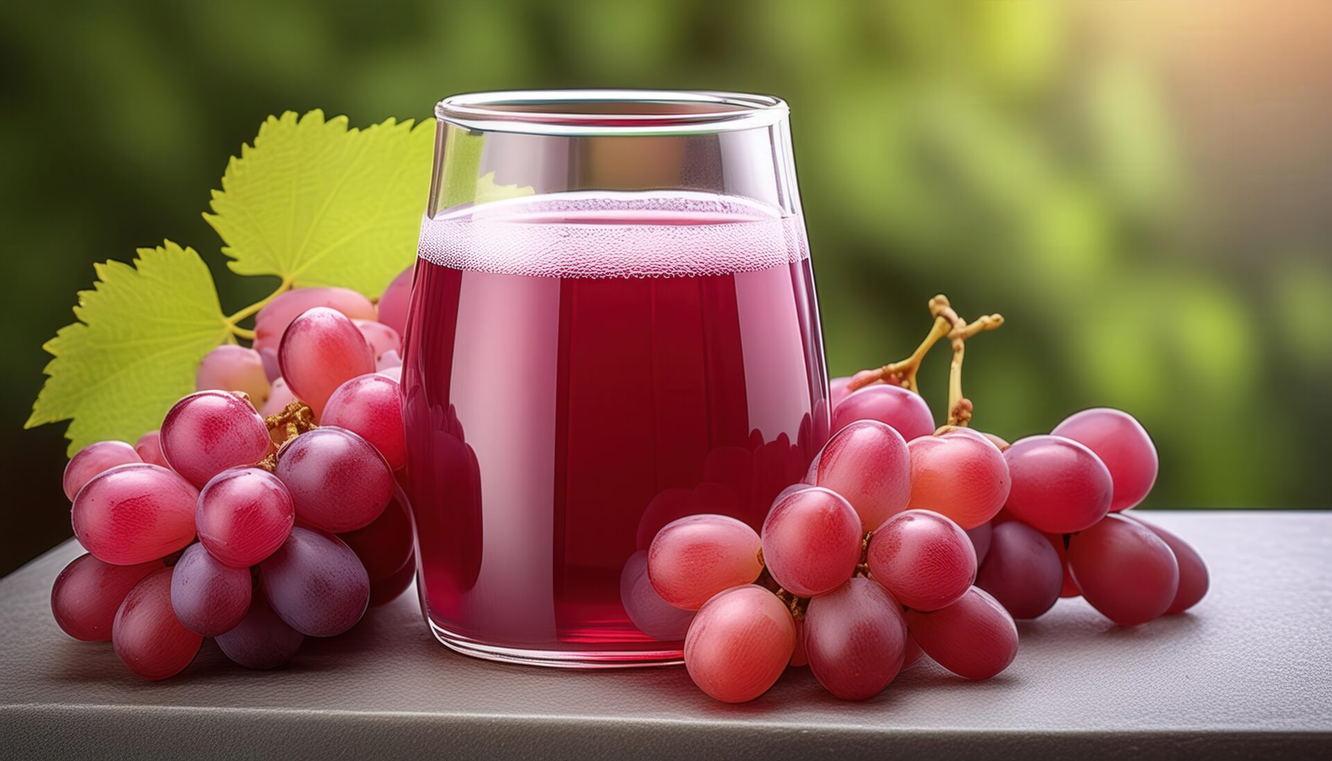 緑の背景でブドウを添えた赤紫色のグレープジュース