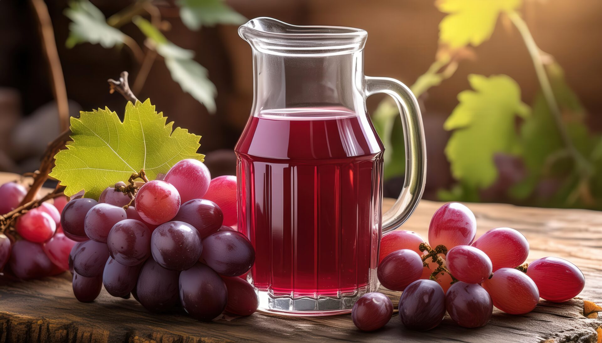 ガラスピッチャーに入った赤紫色のグレープジュース