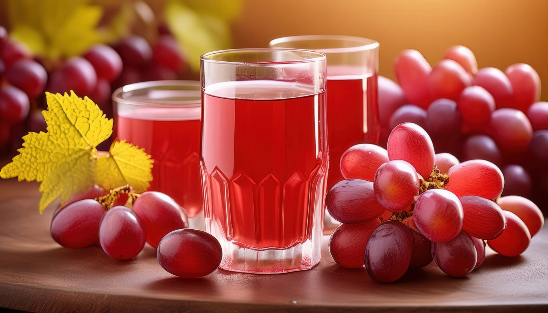 複数のグラスに注がれた赤紫色のグレープジュースとブドウ