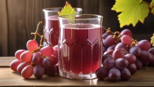 木目テーブルに並んだ赤紫色のグレープジュースとブドウ