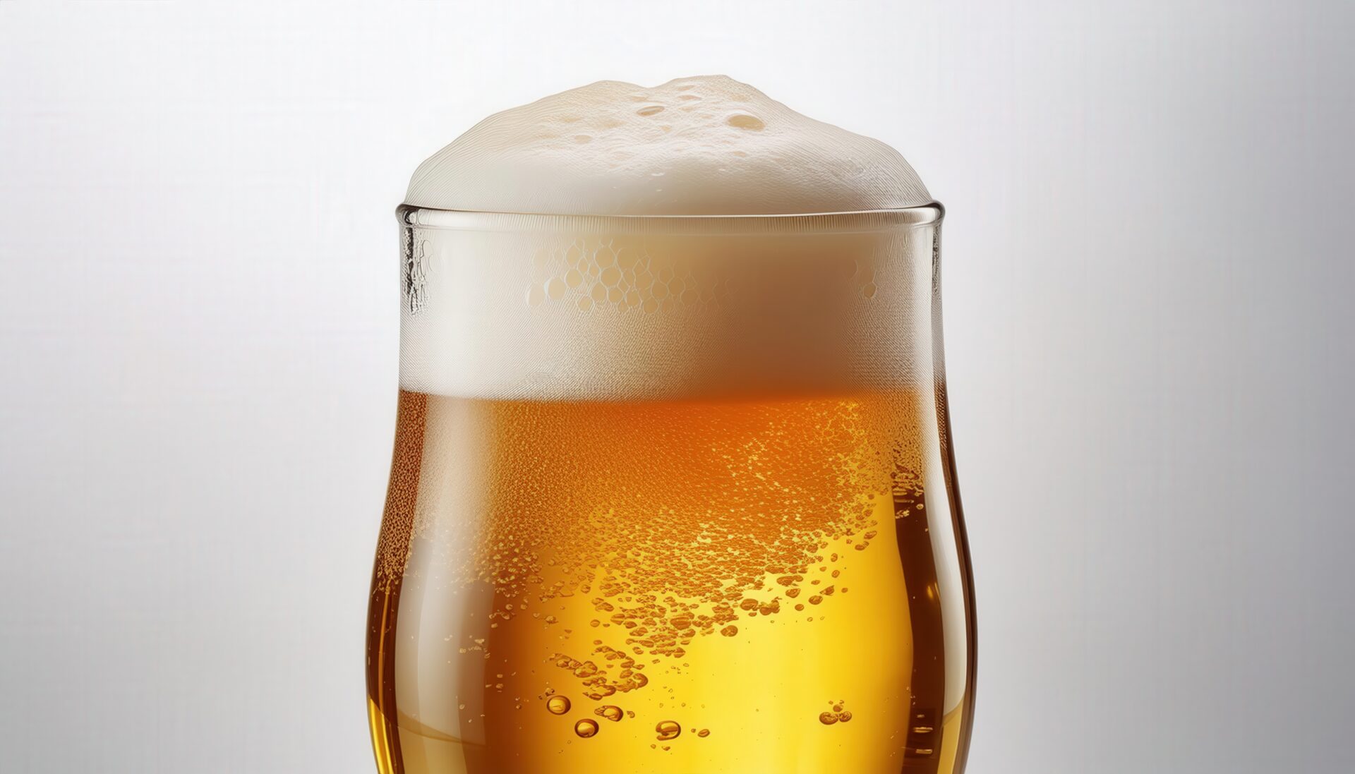 白背景で泡立つビールのクローズアップ