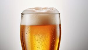 白背景で泡のあるビールのアップ