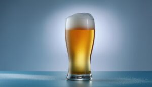 ブルー背景で背の高いビールグラス