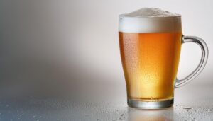 白背景のハンドル付きビールジョッキ