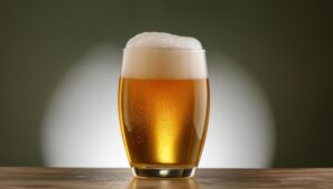 木目テーブルに置かれたビールグラス