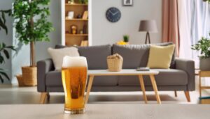 グレーのソファがある部屋のテーブルに置かれたビールグラス