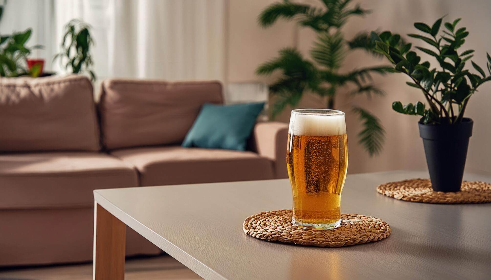 観葉植物のあるリビングテーブルに置かれたビールグラス