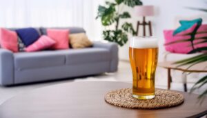 クッションのある部屋のテーブルに置かれたビールグラス