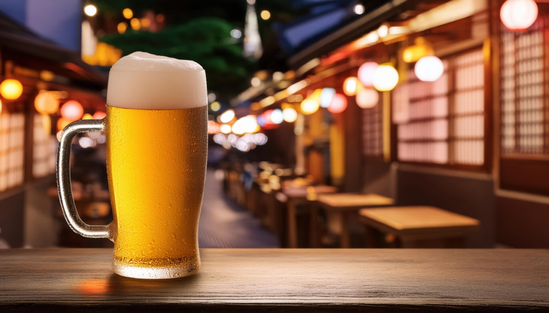 提灯が並ぶ外飲食街に置かれたビールジョッキ