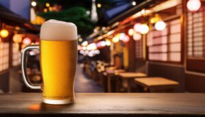 提灯が並ぶ外飲食街に置かれたビールジョッキ