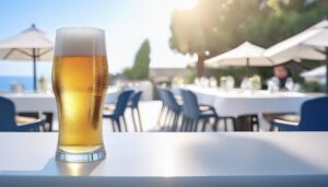 屋外テーブルに置かれたビールグラス