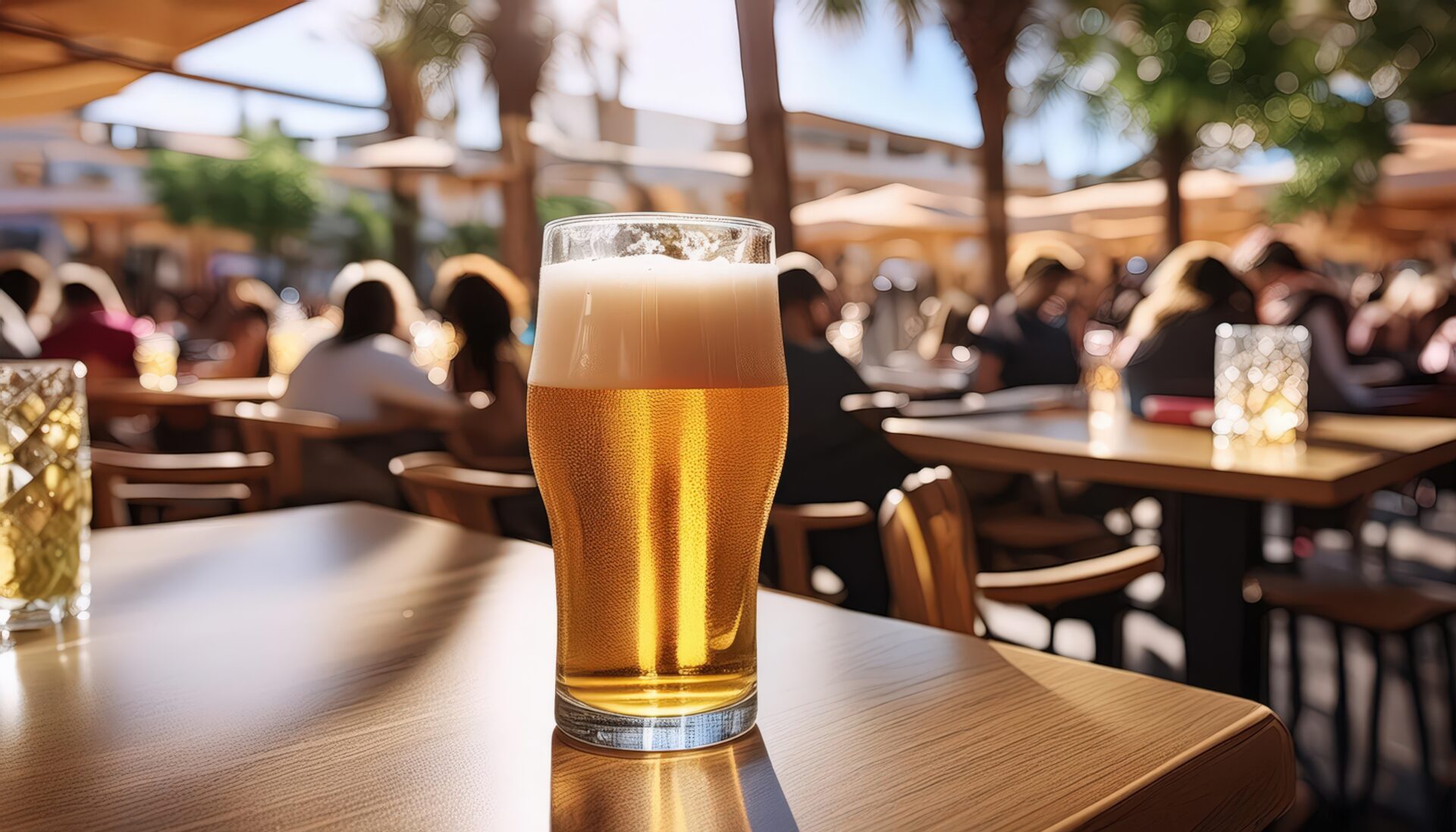 日差しの差し込むテラスに置かれたビール