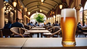 アーチ型の屋根があるテラスに置かれたビールグラス