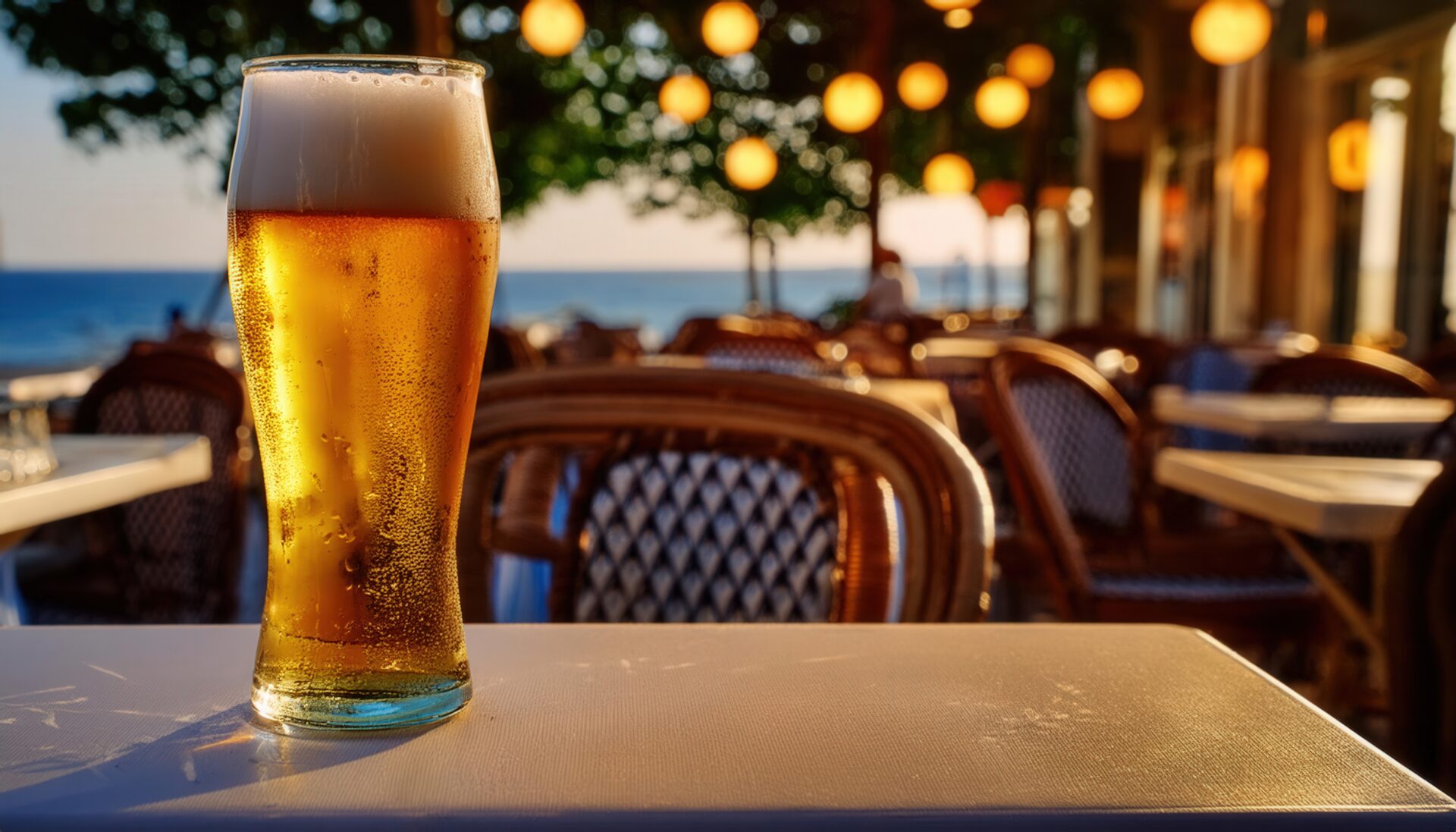 海辺のレストランに置かれたビールグラス