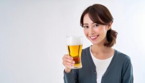 白背景でビールグラスを持つ人