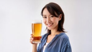 白背景でビールグラスを持ち上げる人