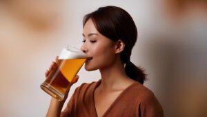 暖色背景でビールを飲む人