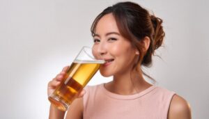 グレー背景でビールを飲む人