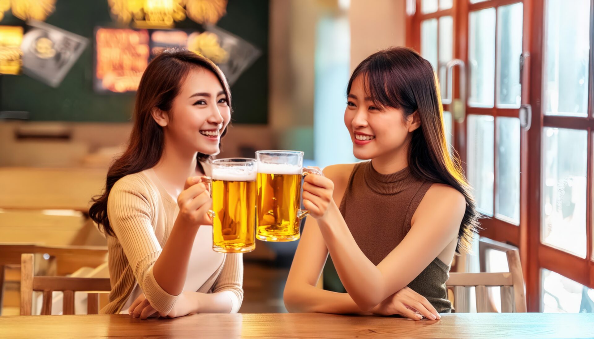 店内でビールジョッキを乾杯する人たち