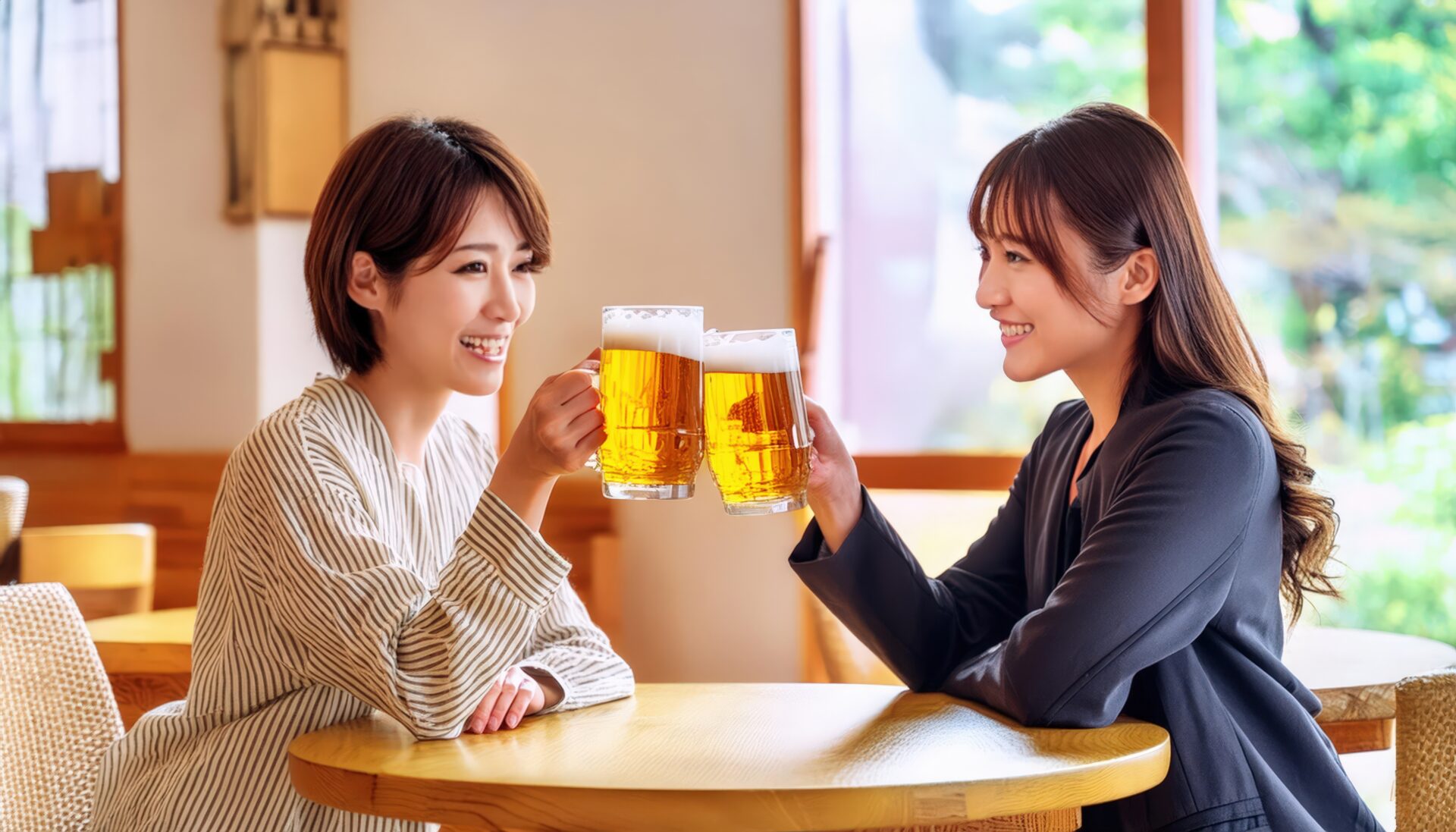 店内でビールジョッキを乾杯する人たち