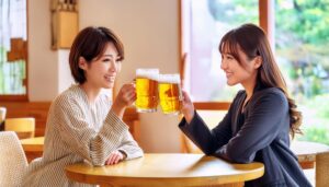 店内でビールジョッキを乾杯する人たち