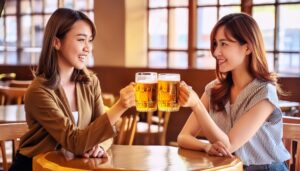 店内でビールジョッキを乾杯する人たち