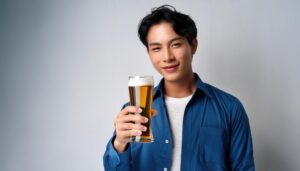 グレー背景でビールグラスを持つ人