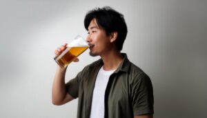 グレー背景でビールを飲む若い男性