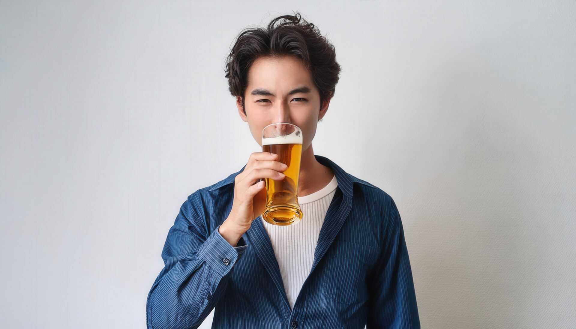 白背景でビールを飲む楽しげな若い男性
