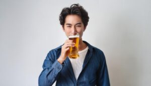 白背景でビールを飲む楽しげな若い男性