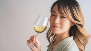 白背景で白ワインを見つめる人