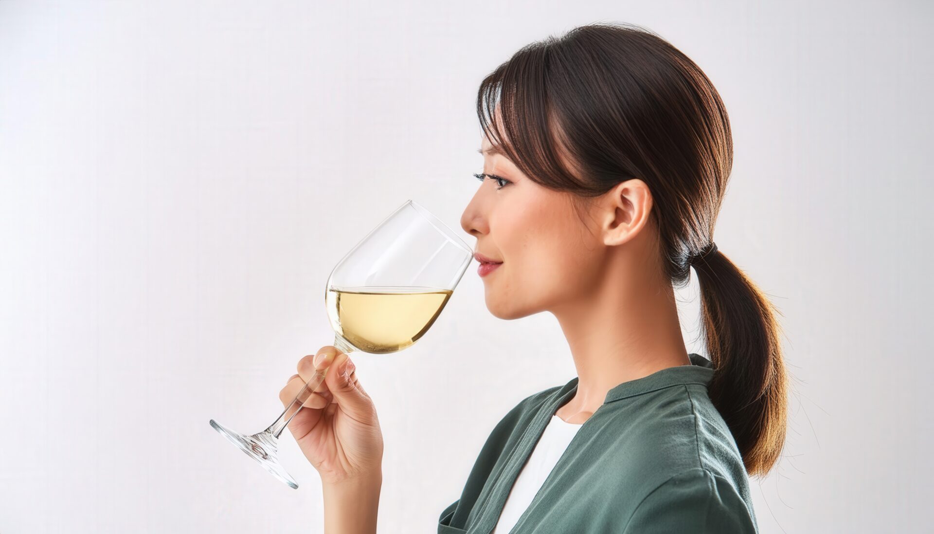 白背景で白ワインを味わう人