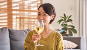 室内で白ワインを持つ人