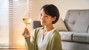 床に座って白ワインを眺める人