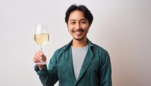 白背景で白ワインを持つ人