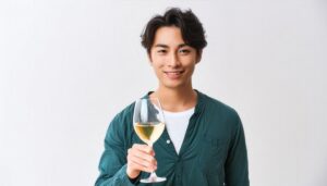 白背景で白ワインを掲げる人