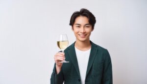 白背景で白ワインを見せる人