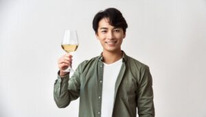 白背景で白ワインを持ち上げる人