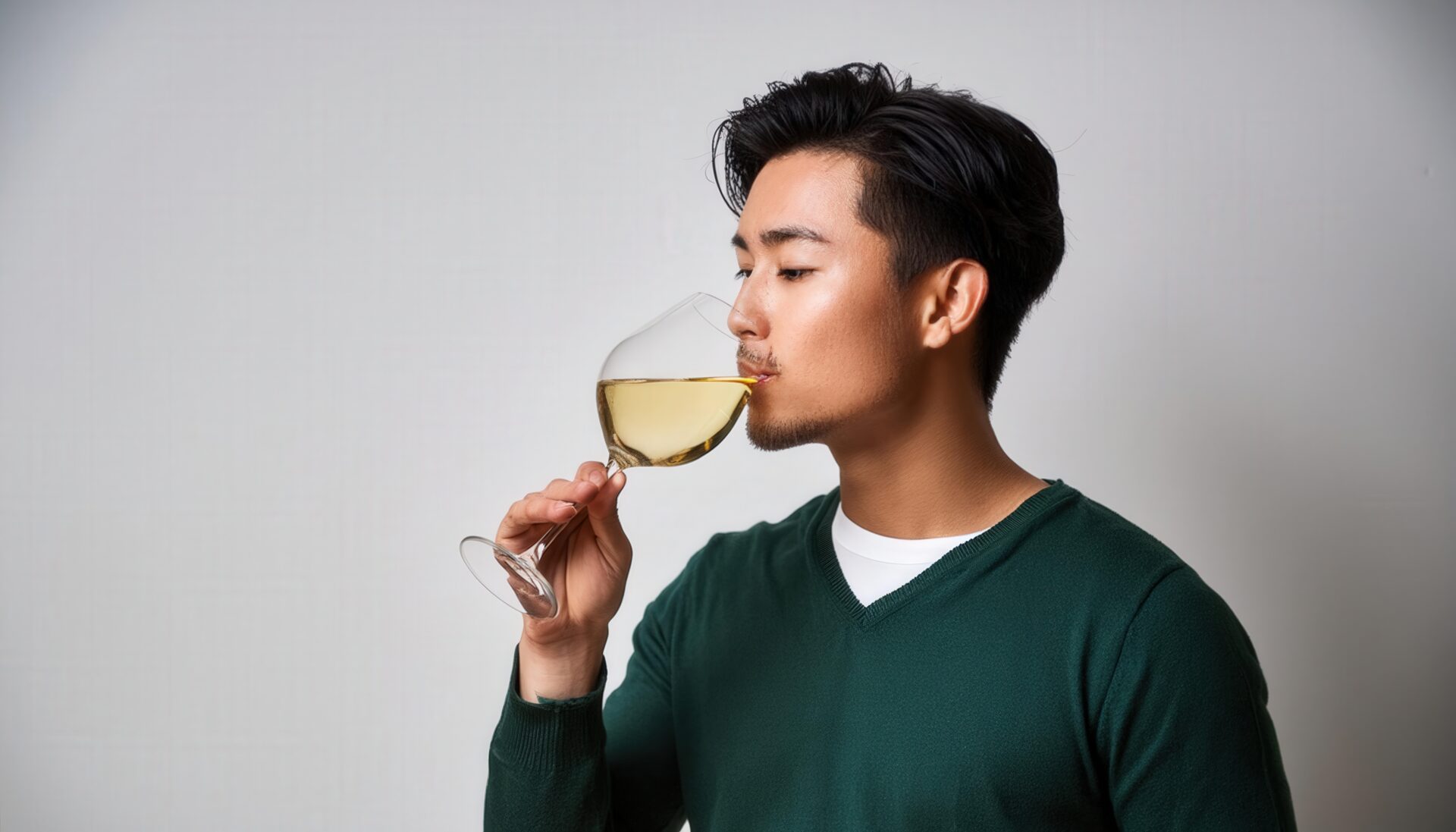 白背景で白ワインを飲む人