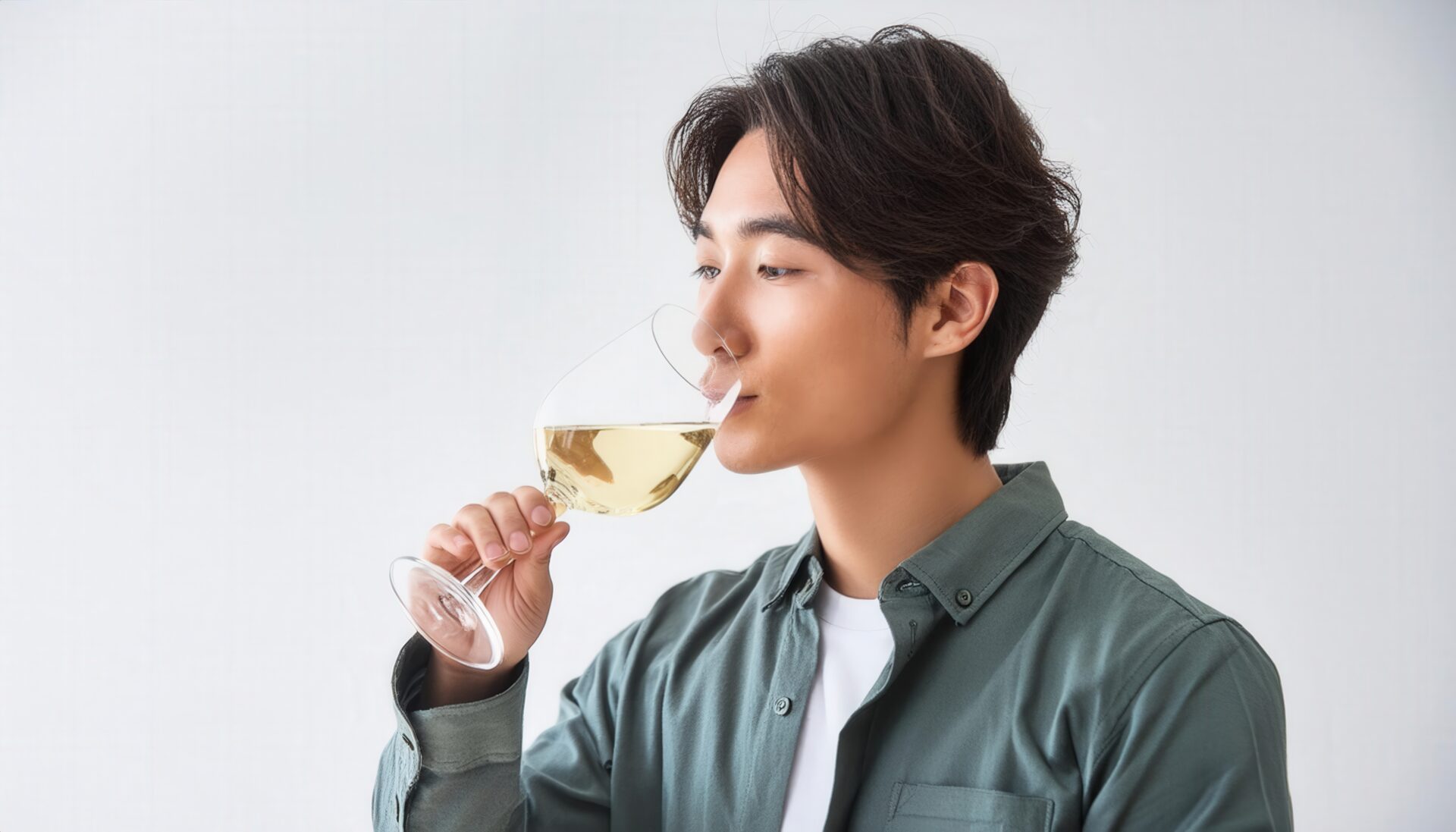 白背景で白ワインをテイスティングする人