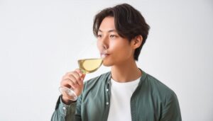 白背景で白ワインを味わう人