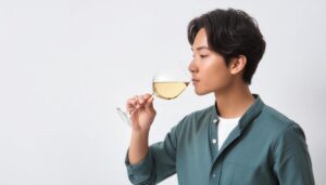 白背景で白ワインを楽しむ人